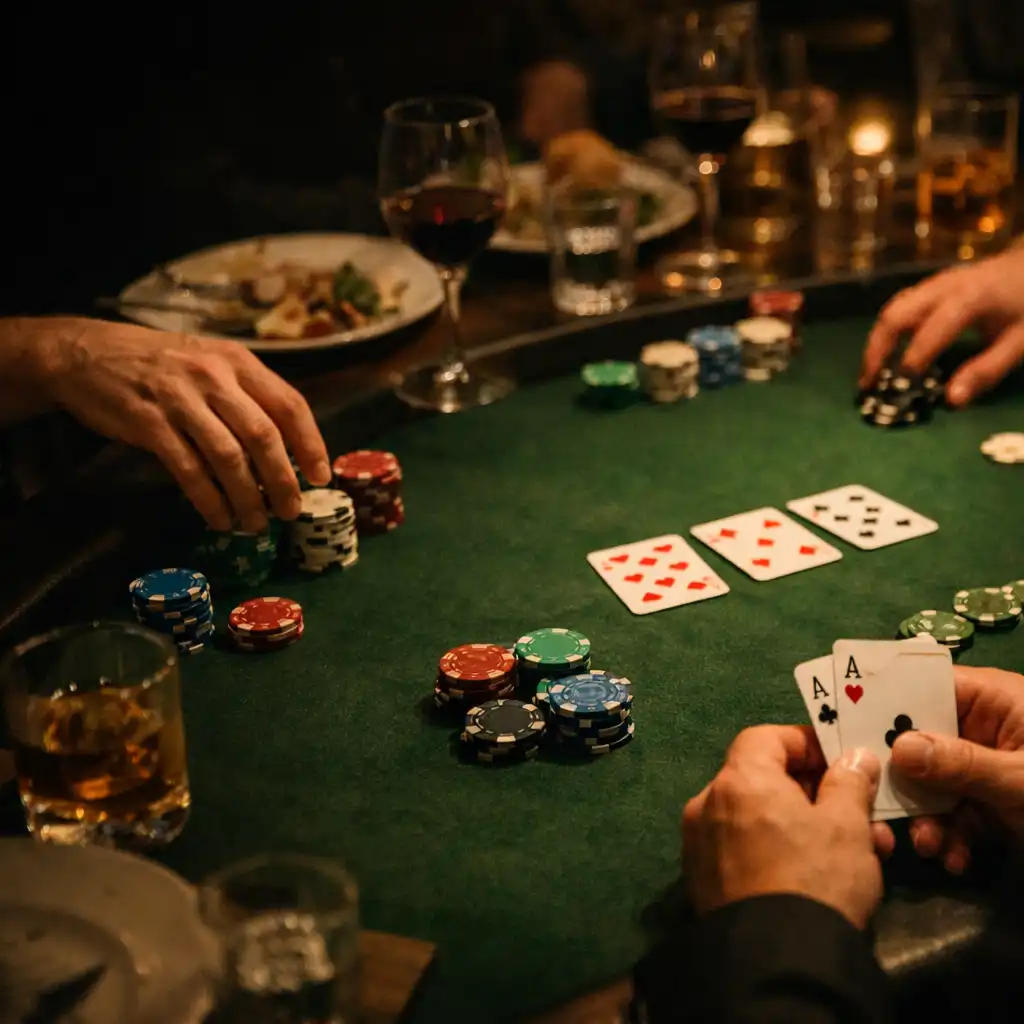 Ruce dospělých hostů s kartami a herními žetony u pokerového stolu